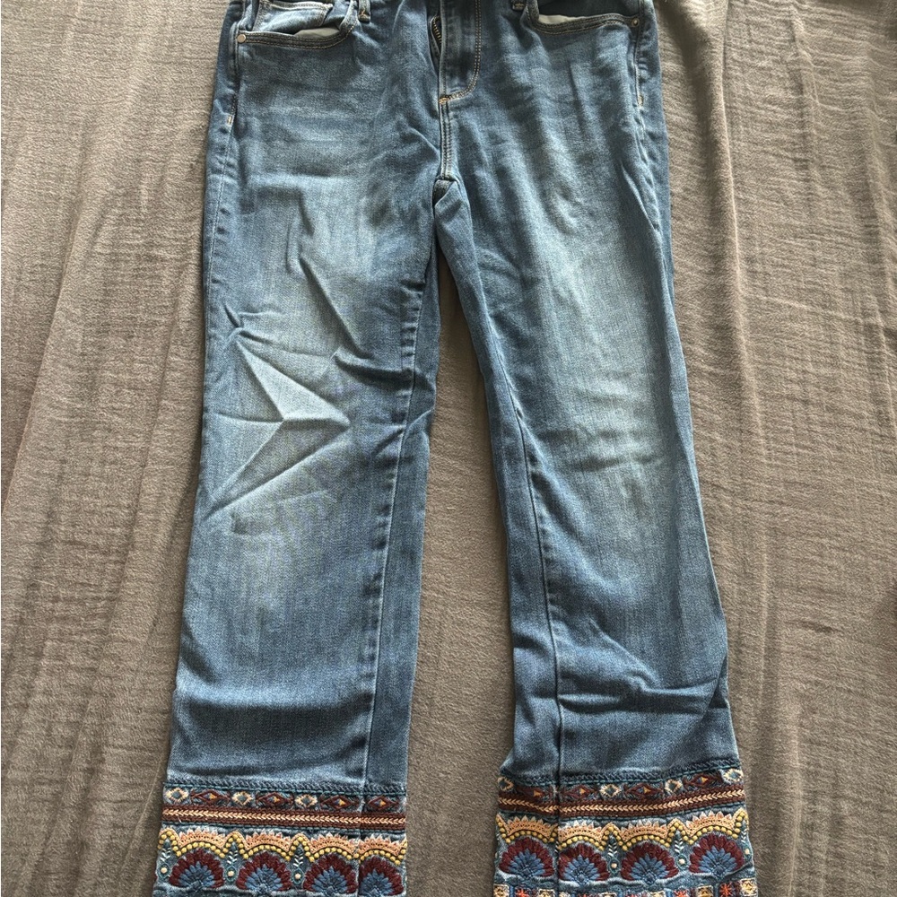 DRIFTWOOD Blue Denim Wide-Leg Jeans with Embroidered Cuffs
